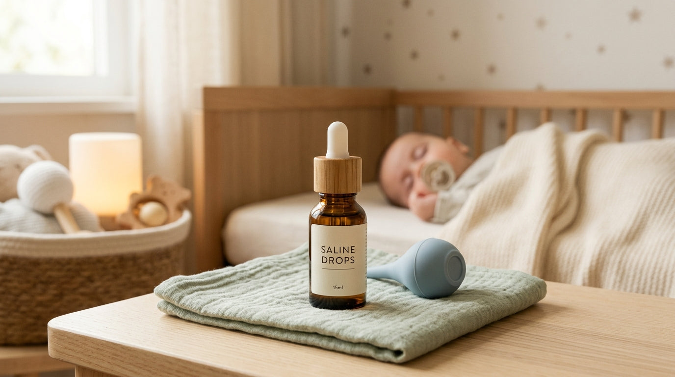 A mother holding a small bottle of infant saline drops next to a congested baby.