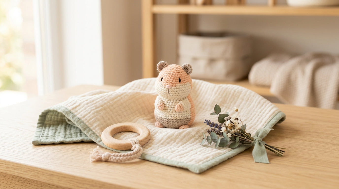 A bewildered dad looking at a silicone baby animal teether in a nursery