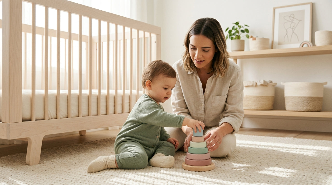Tired mom holding a cup of coffee and a baby bodysuit while thinking about the scorsese baby daddy meaning and pop culture.
