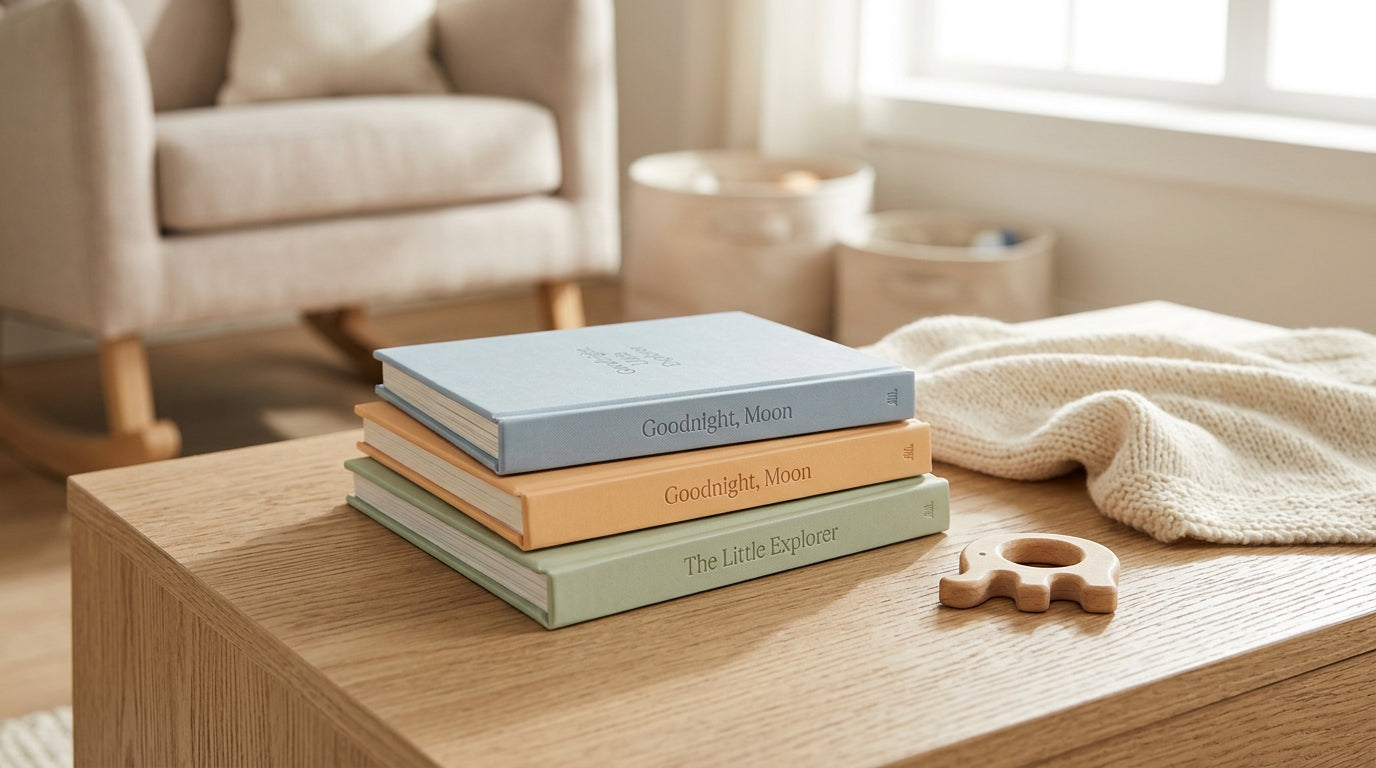 A tired dad in a Portland coffee shop reading a stack of colorful baby books next to a sleeping infant.