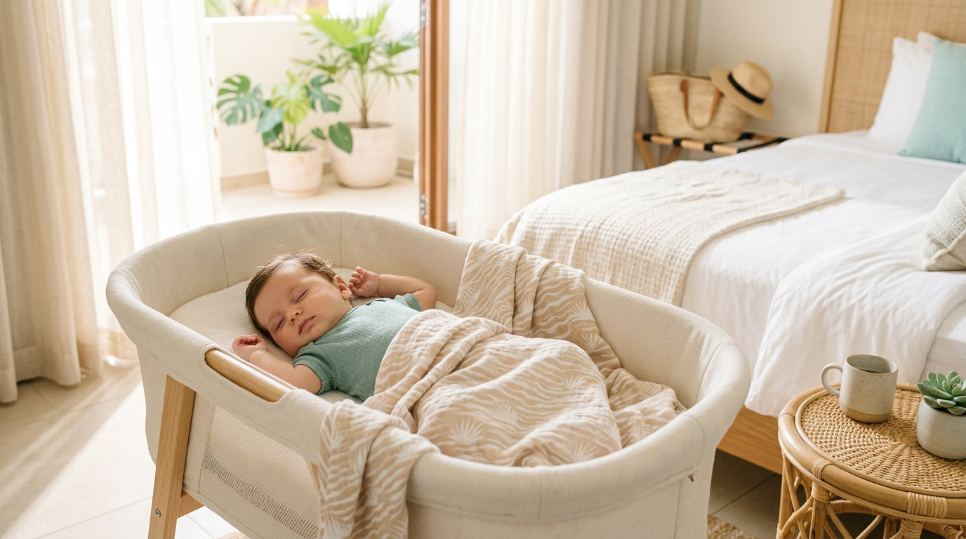 Exhausted mom holding a coffee mug while researching Secrets Baby Beach Aruba resort online.