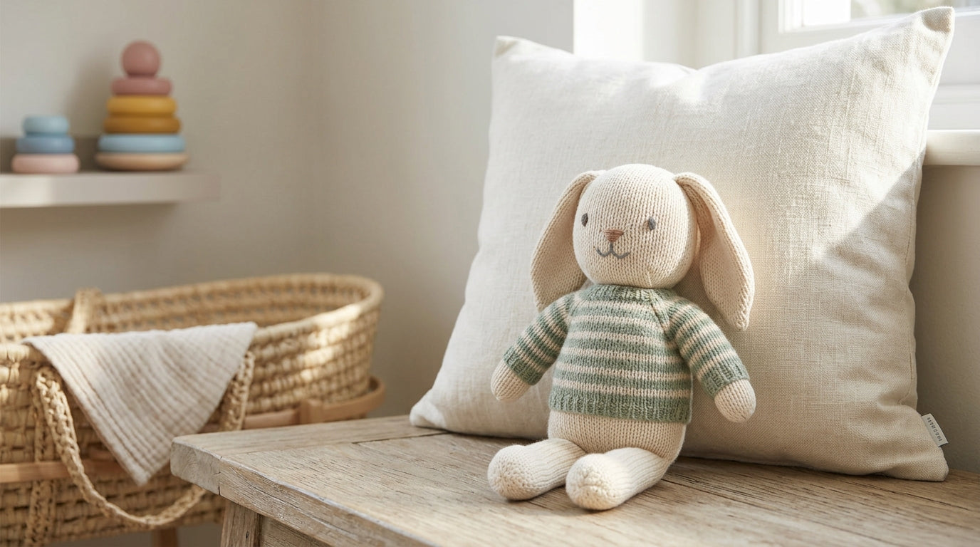 A mom looking stressed holding a vintage 90s plush toy in a messy baby nursery