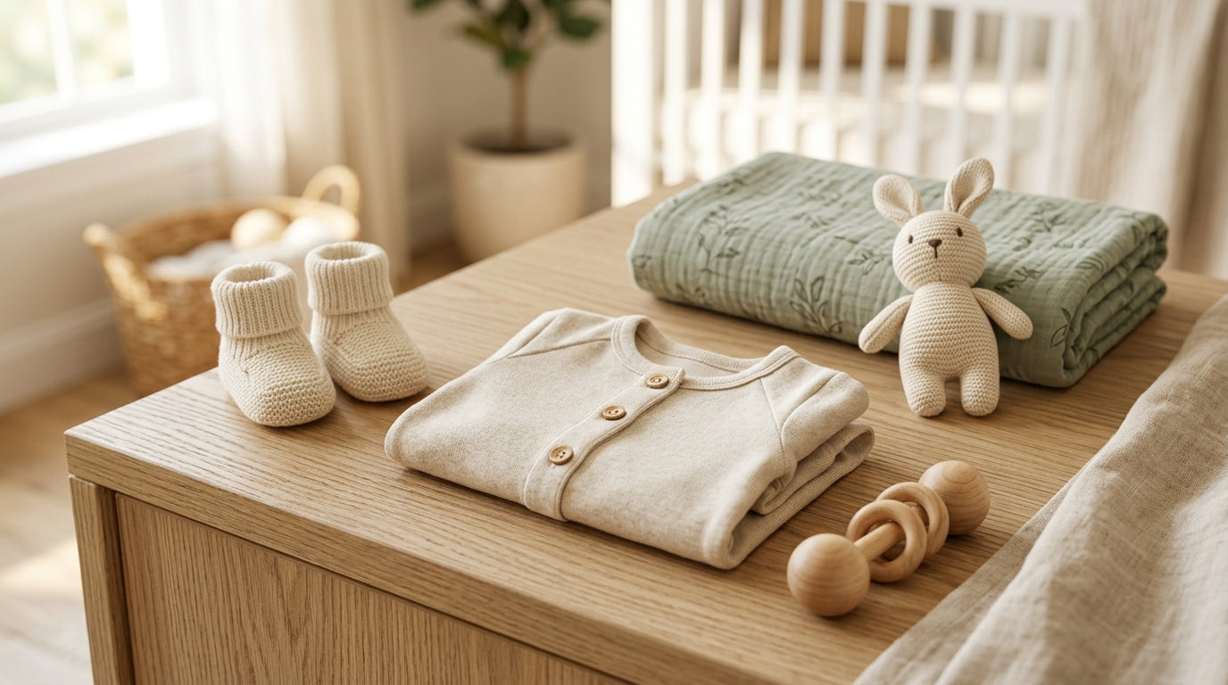 A baby sitting on a playmat wearing a green organic cotton onesie