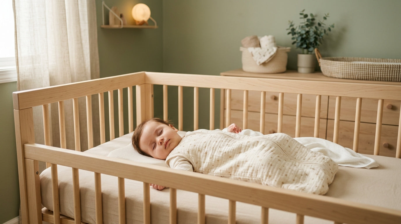 Exhausted mother holding an arching infant upright over her shoulder in a dark nursery