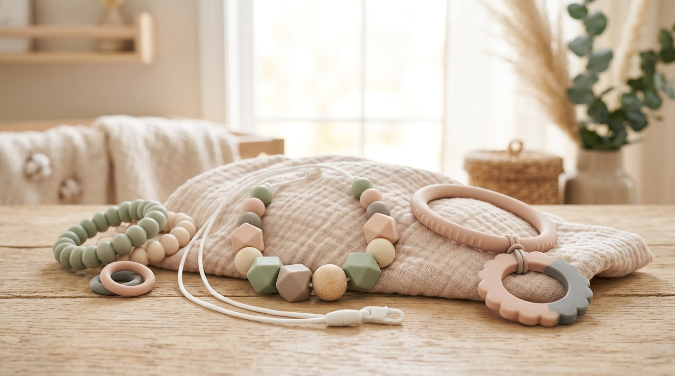 A mother holding a safe one-piece silicone teether instead of a necklace