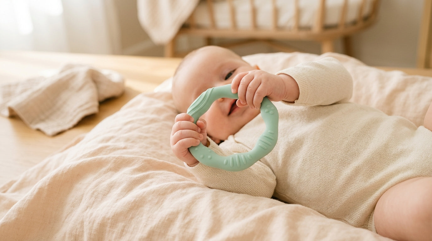 A tired mom holding a silicone baby teether in her kitchen