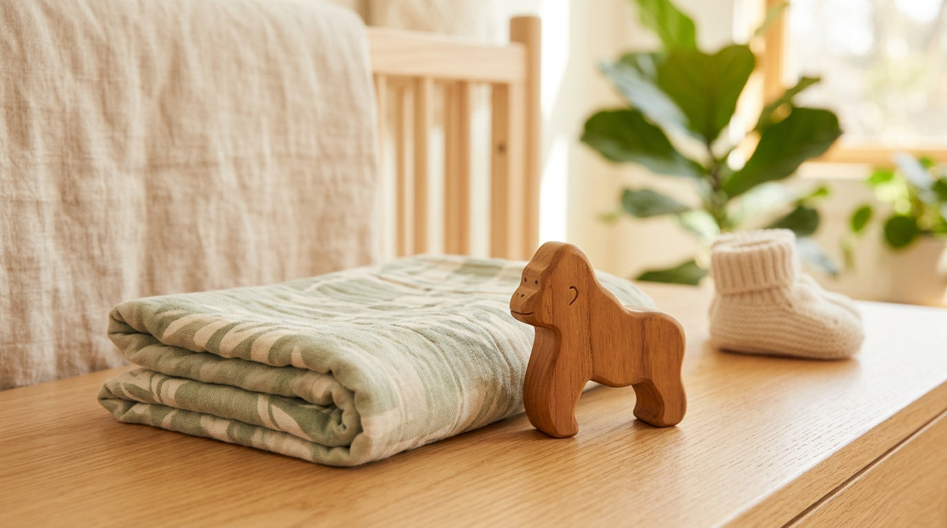 A tired father wearing his baby in a carrier while working on a laptop at a kitchen island.