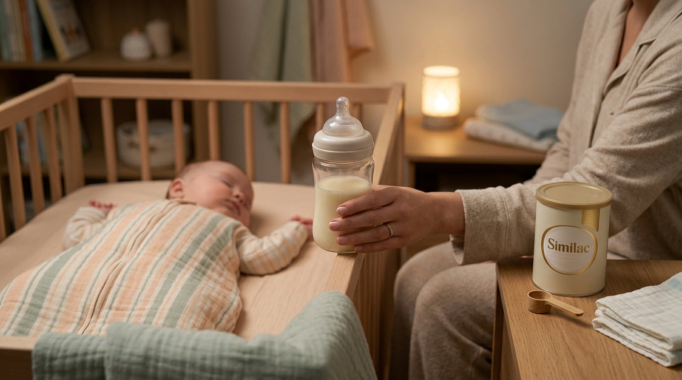 Powdered infant formula next to a clean glass baby bottle on a dark kitchen counter at night