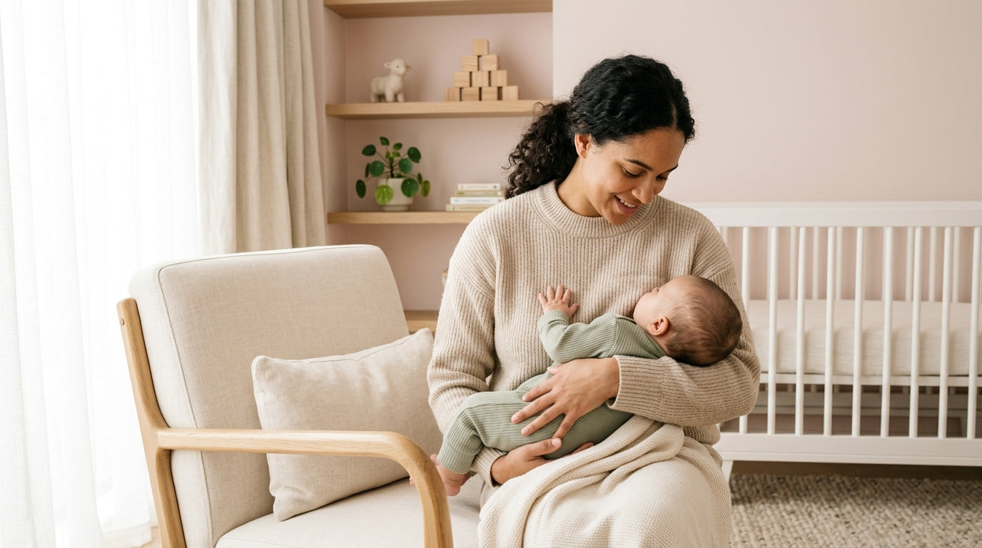 Marcus typing on his laptop while his baby plays on a wooden play gym