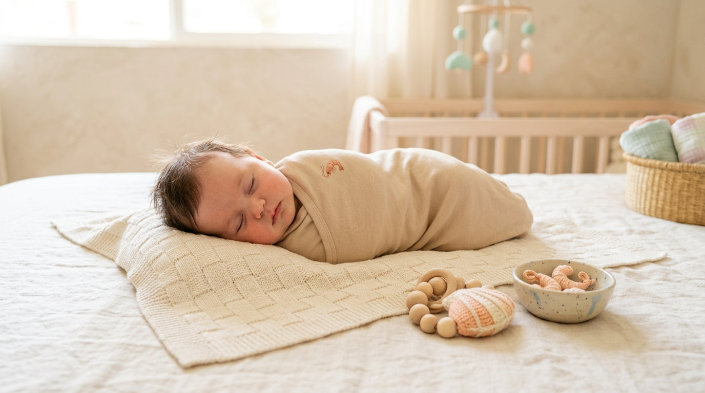 A toddler eating a small piece of shrimp at a messy high chair table.
