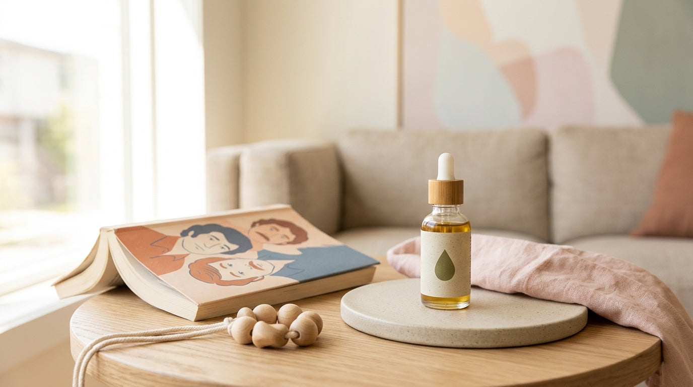 Exhausted dad holding twin babies surrounded by baby gear and empty coffee cups