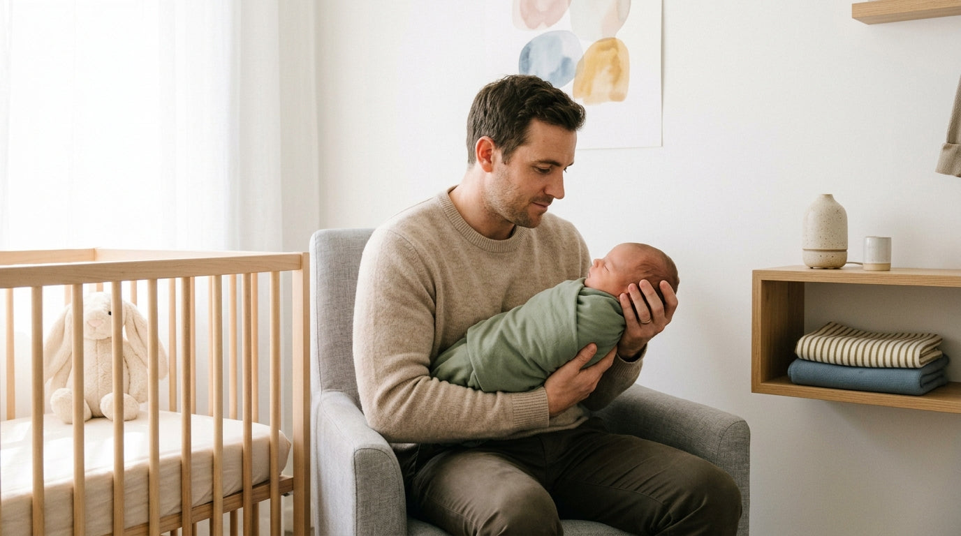 Dad researching the Skai Jackson baby drama while holding a sleeping infant