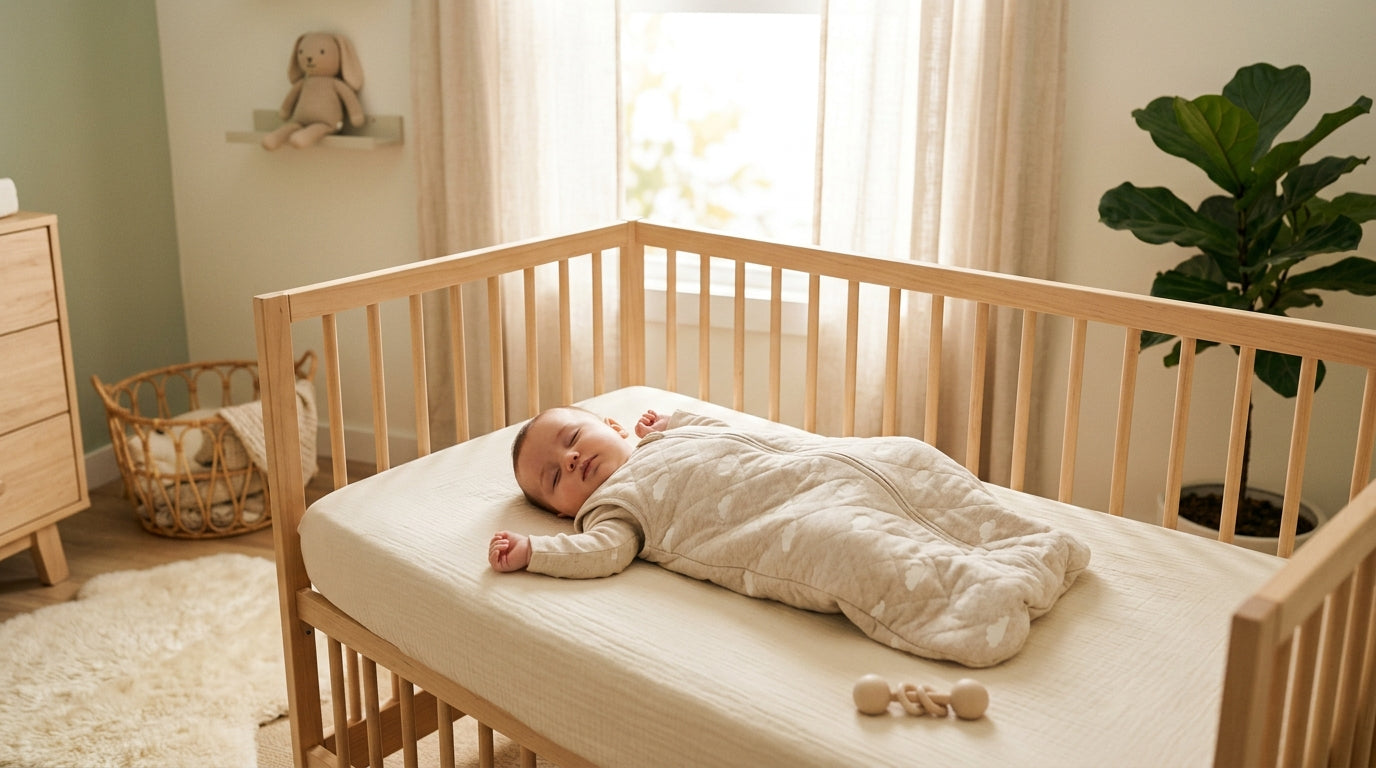 Exhausted mom holding a coffee mug next to a baby sleeping safely in a wearable blanket