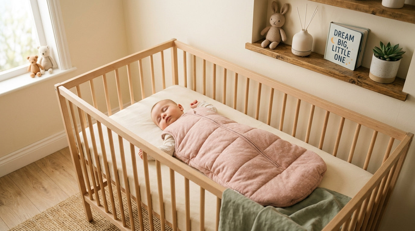 Exhausted mom holding her baby wearing a zip-up wearable blanket in a nursery