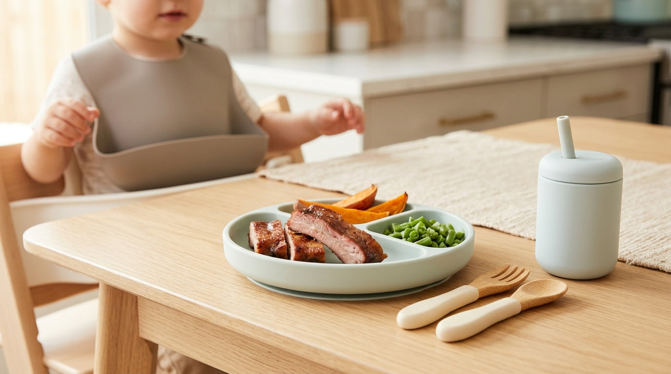A messy toddler eating shredded BBQ pork on a leafy bamboo picnic blanket in the grass.