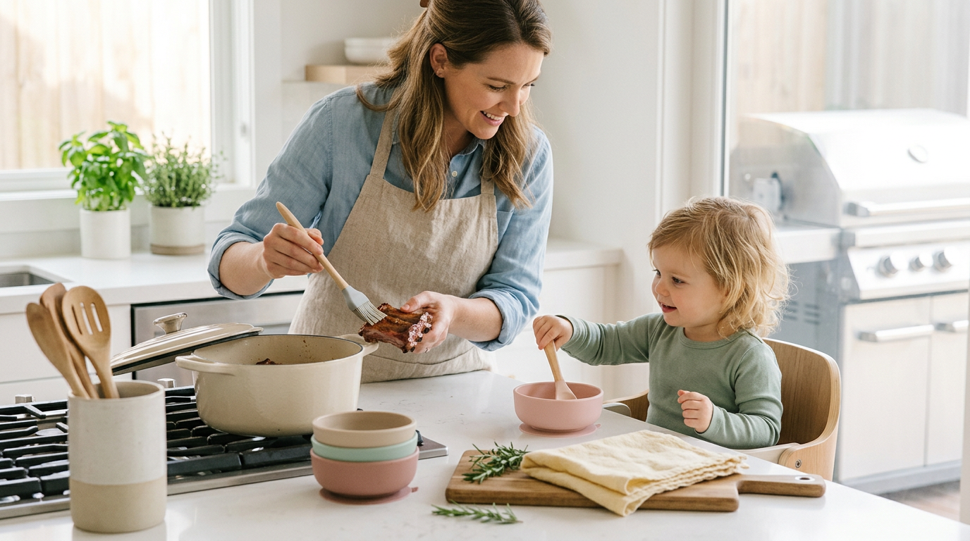 A messy toddler eating shredded pork from a suction plate at a family barbecue