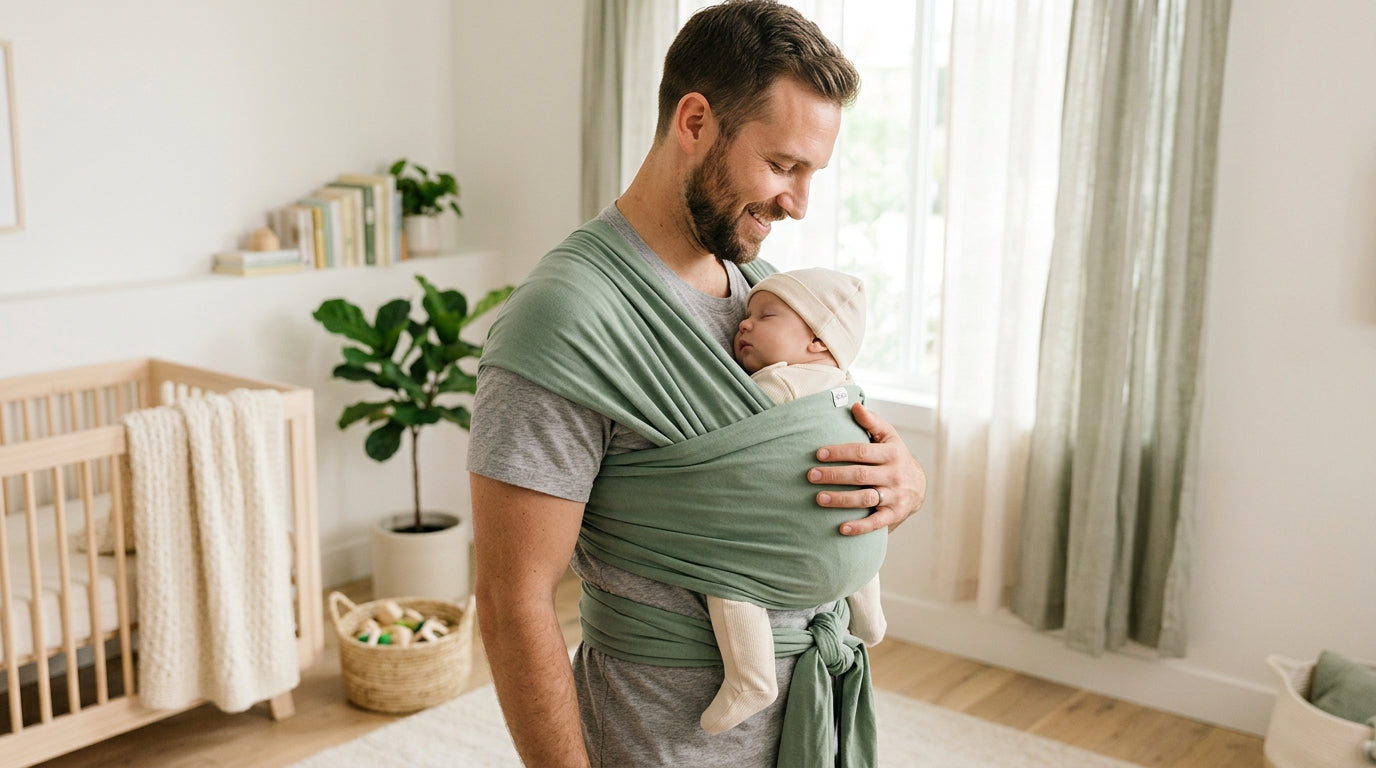 A confused dad tangled in a long piece of soft fabric trying to figure out a baby carrier.