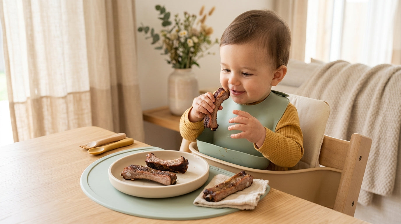 Dad holding a cooked baby back rib bone next to a messy 11-month-old baby