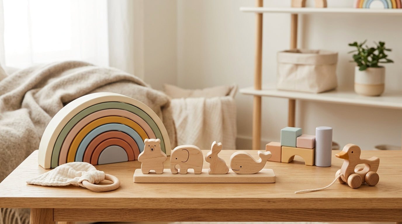A minimalist toddler room with a few wooden blocks and a very tired mom holding a giant coffee cup.