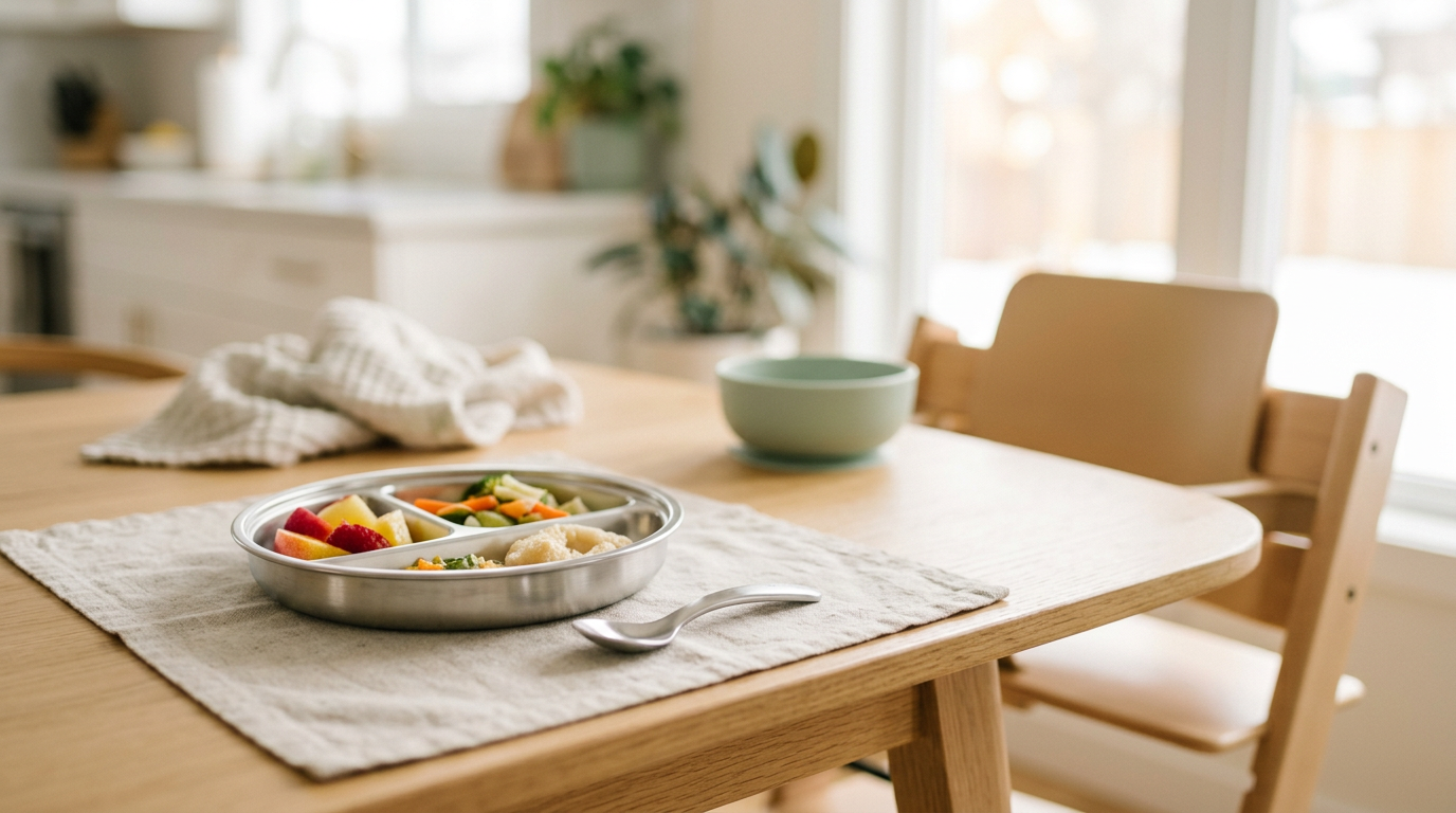 Priya holding a stainless steel toddler plate with leftover mac and cheese on a messy kitchen counter