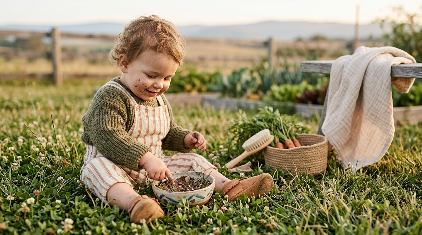 Toddler sitting in the grass wearing an organic cotton romper covered in mild dirt