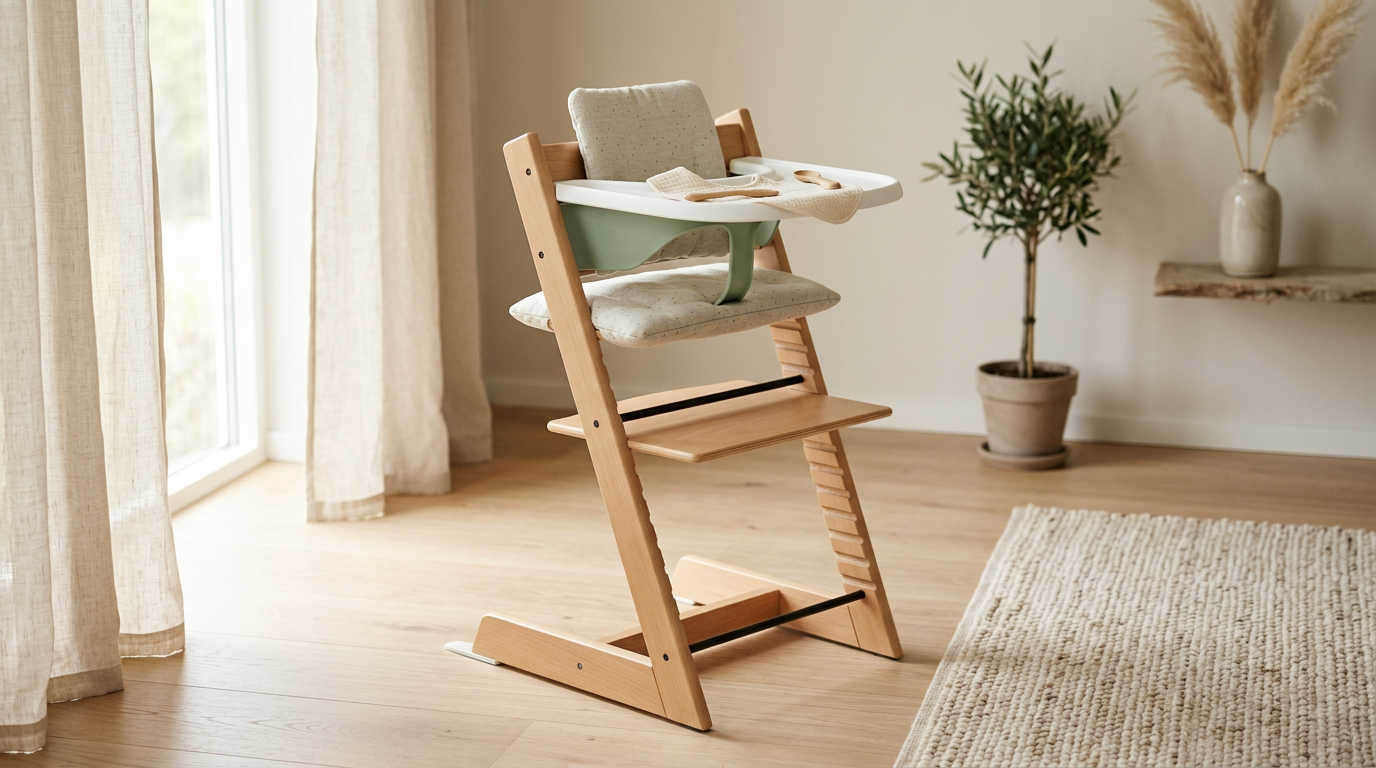 A messy Stokke Tripp Trapp baby set pushed up to a modern dining table