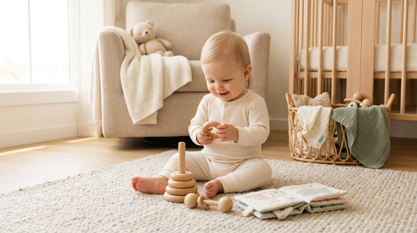 Baby playing independently with wooden toys on a soft organic playmat