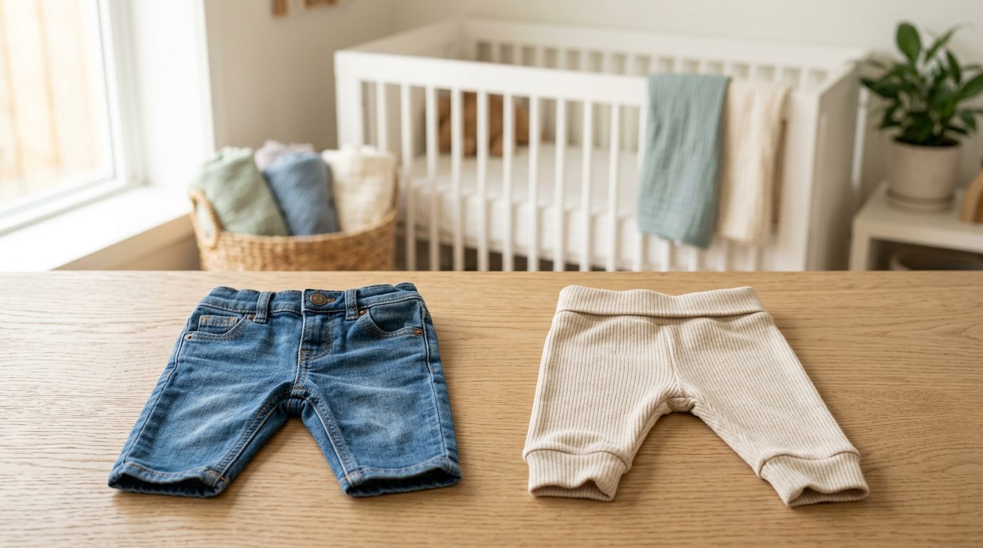 Baby wearing ribbed organic cotton leggings crawling on a rug