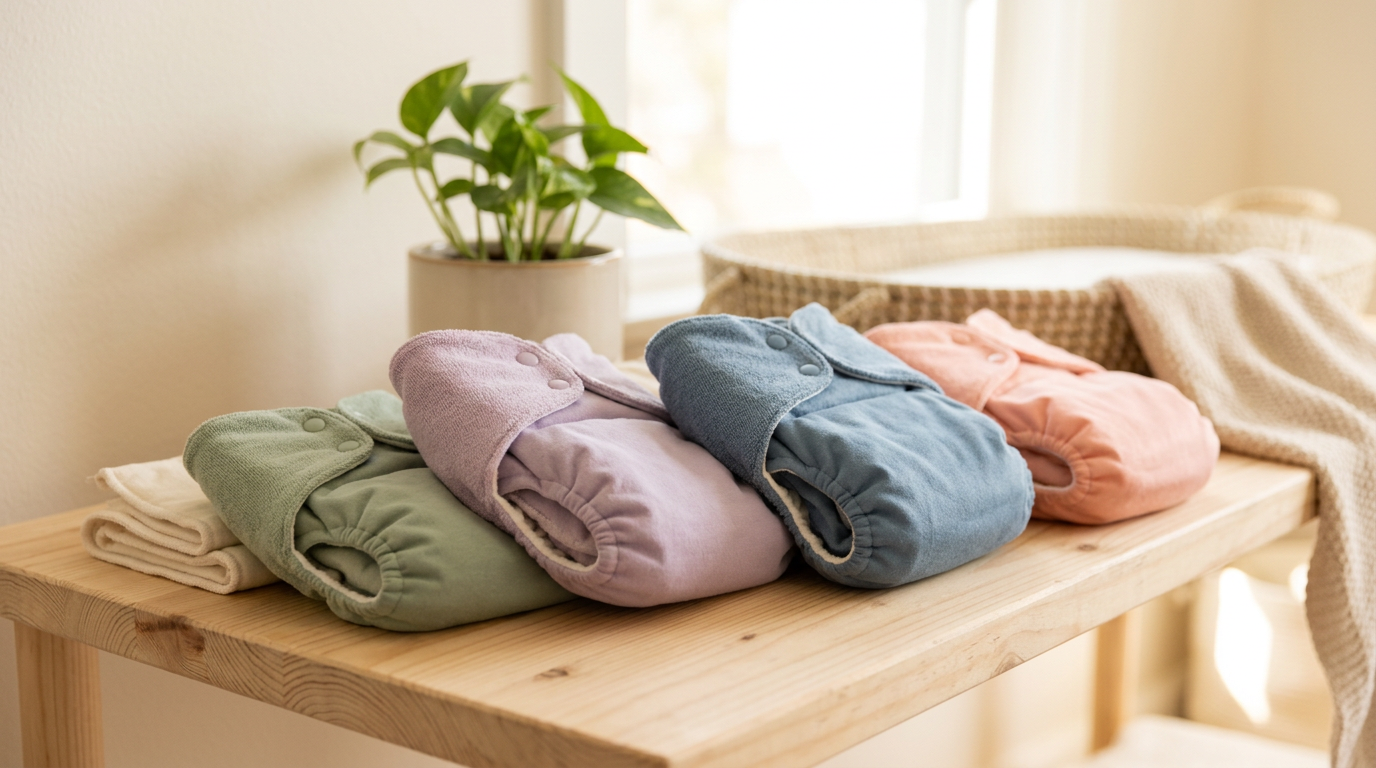 A pile of white cloth diaper inserts next to a bathtub