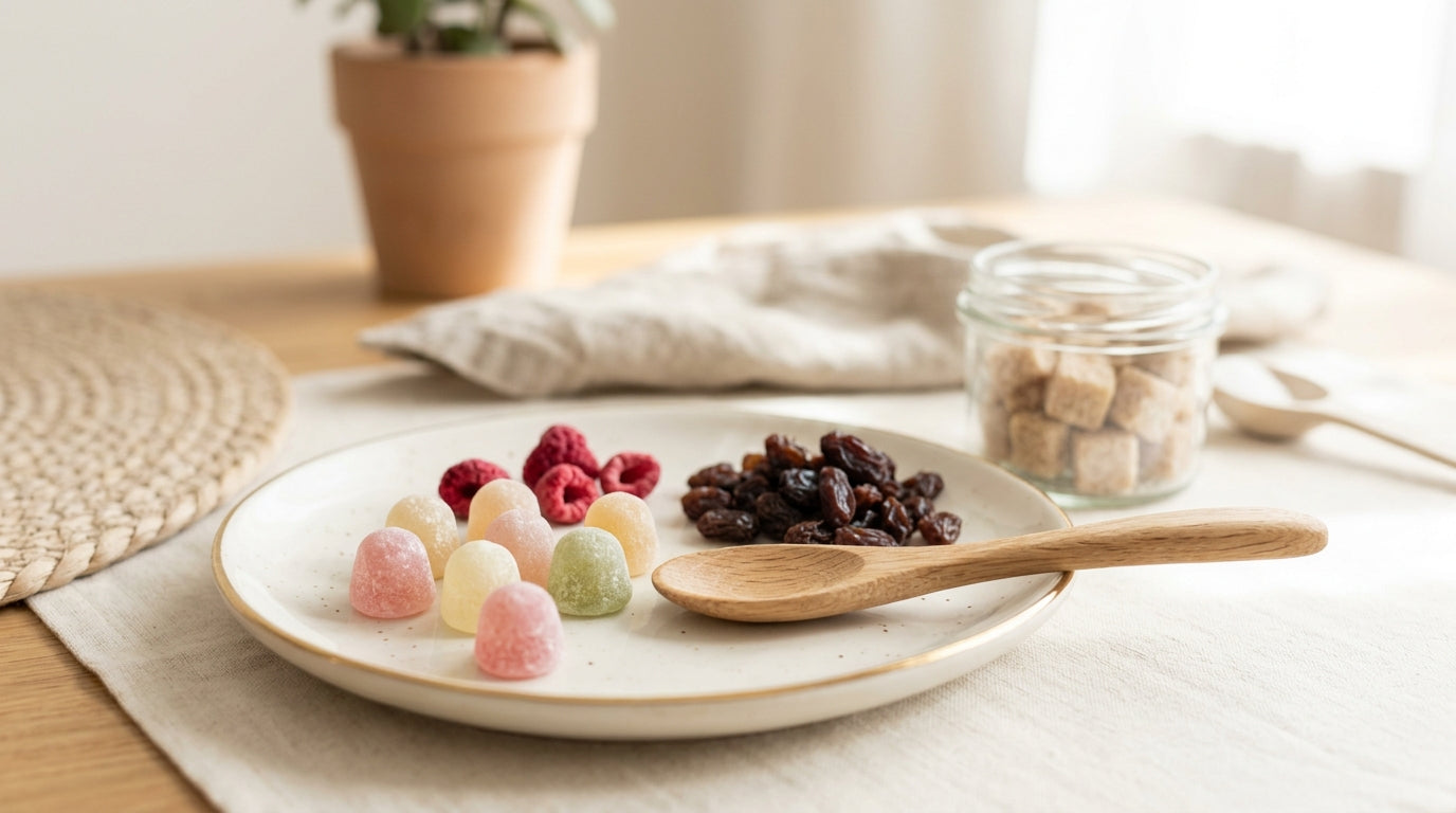 Messy baby in highchair eating smashed berries instead of candy