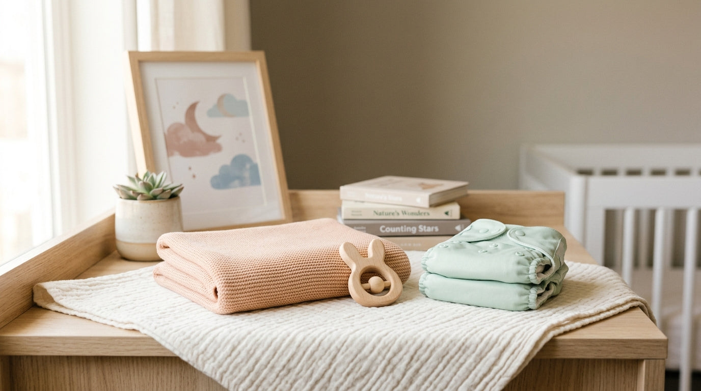 Mom sitting on living room floor surrounded by baby feeding gear and wooden toys.
