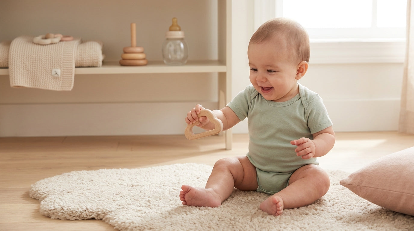 Priya sitting in a messy nursery staring at high-contrast infant flashcards