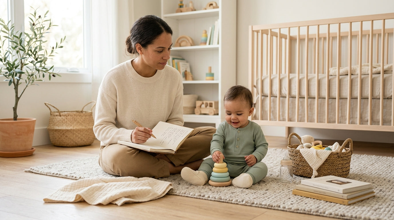 Exhausted mom looking confused at a smartphone screen while folding laundry