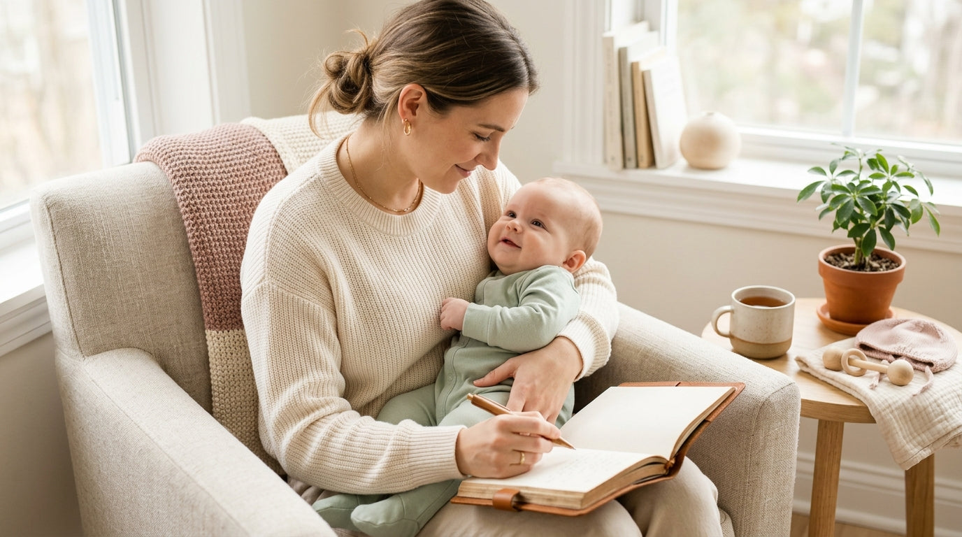 Exhausted mom drinking coffee while toddler acts like a baby boss.