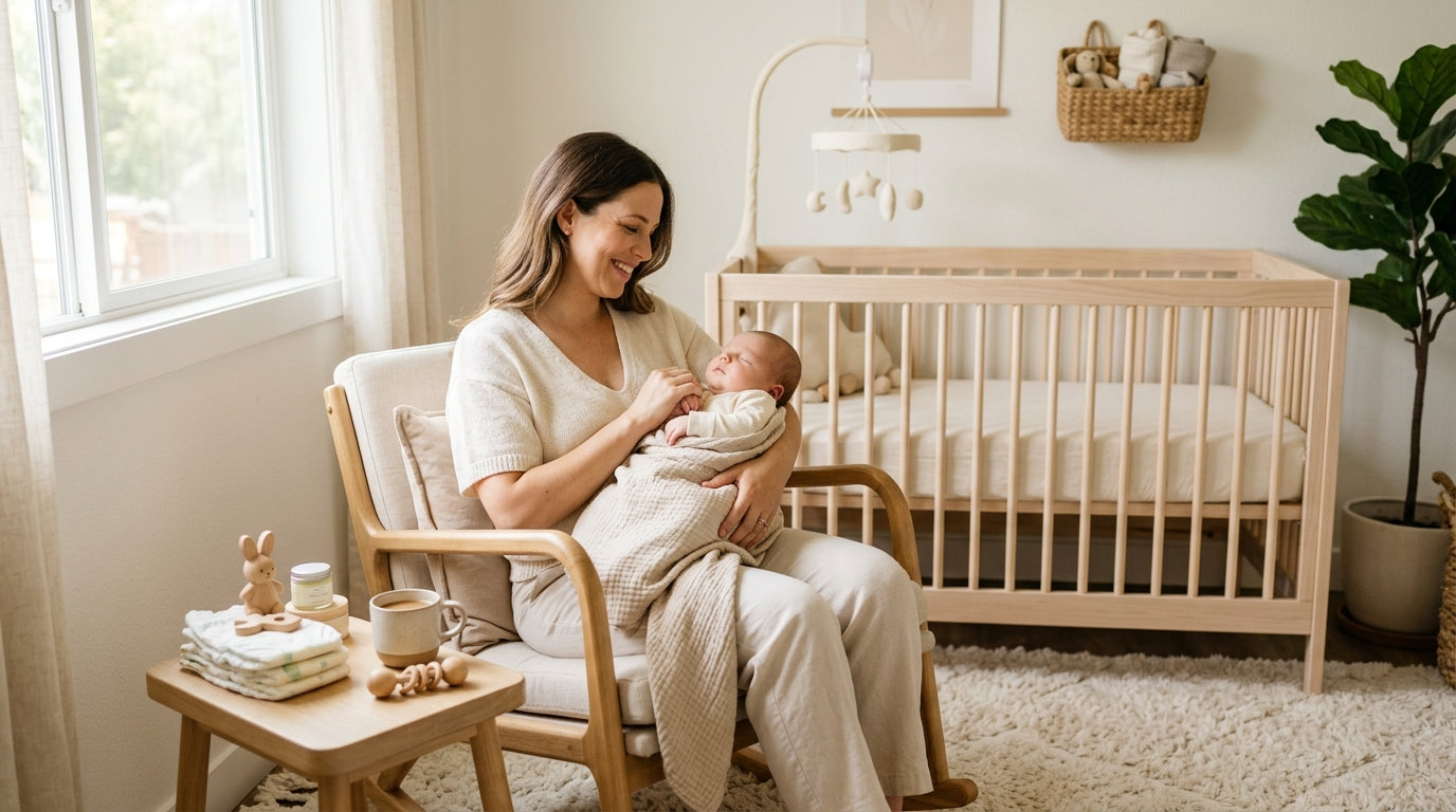 A messy living room showing the reality of a newborn baby invasion with scattered burp cloths and sleep sacks.