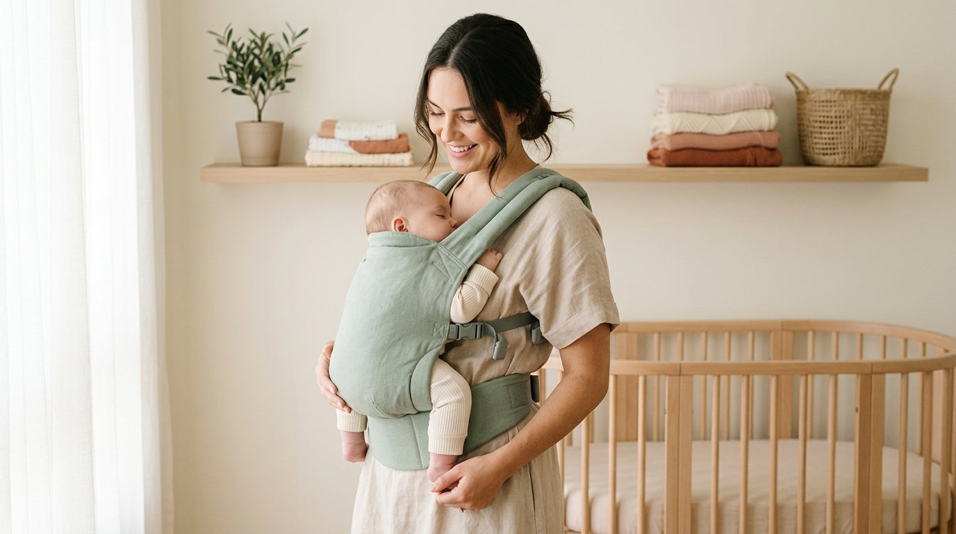 Exhausted mom drinking lukewarm coffee while wearing a baby in a soft structured carrier.