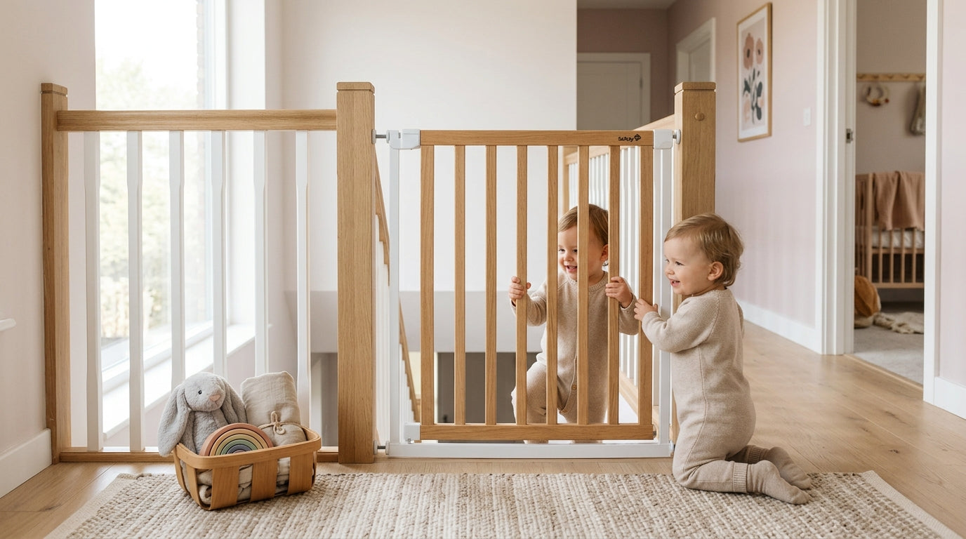 Frustrated dad looking at a baby gate at the top of the stairs