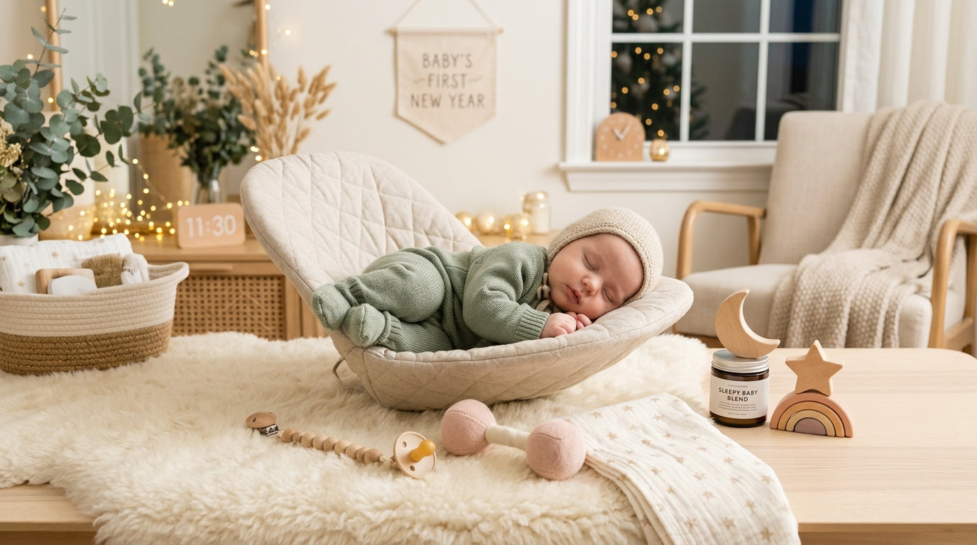 Exhausted mom holding a sleeping baby wearing earmuffs on New Year's Eve
