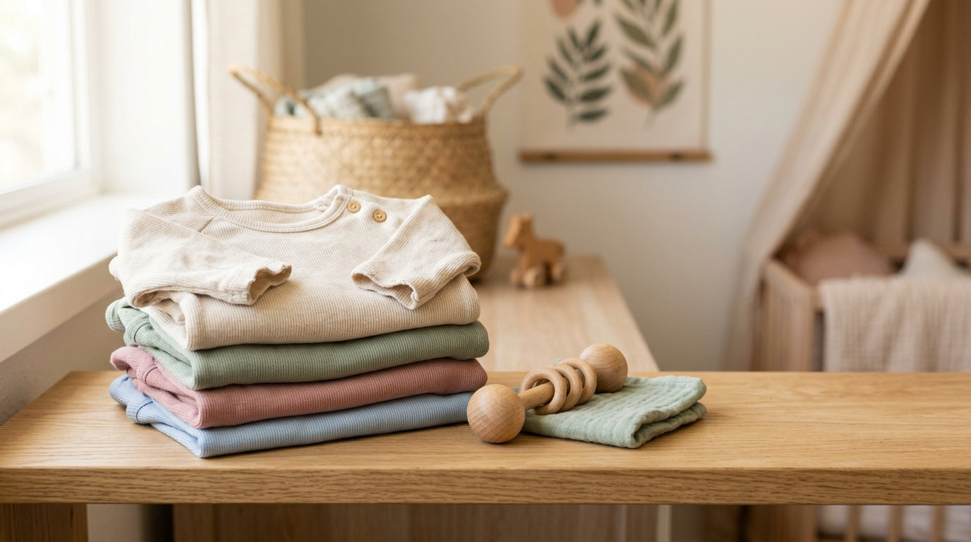 A tired dad holding two babies in organic cotton onesies