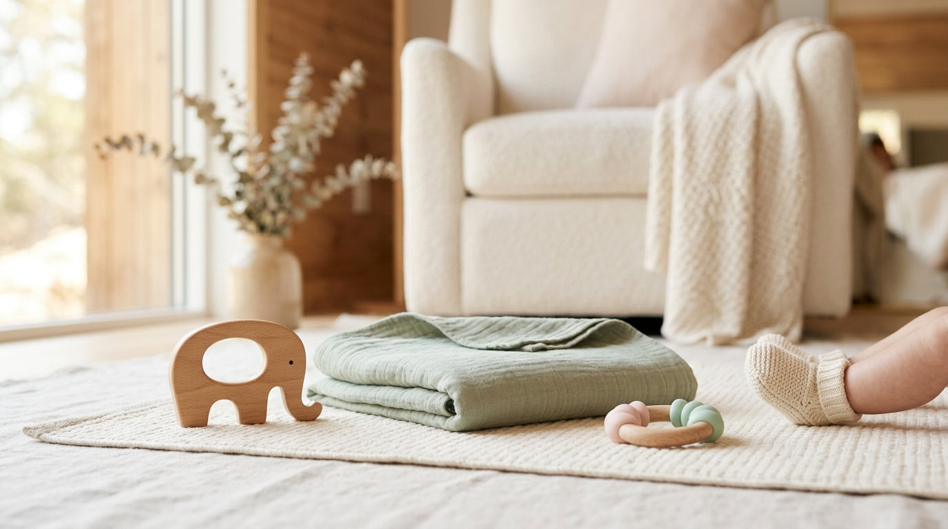 A tired dad holding a coffee mug while two toddlers dance in the living room