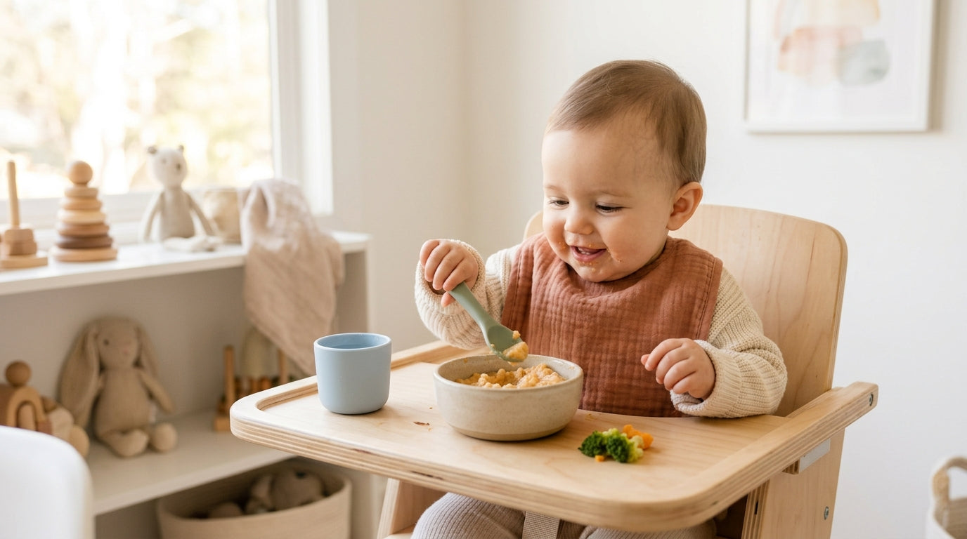 A tired father attempting to feed twin babies who are covered in orange purée