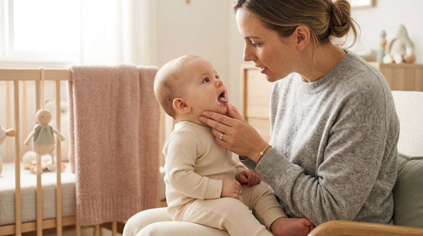 Upset baby with white patches on tongue refusing a bottle from mom