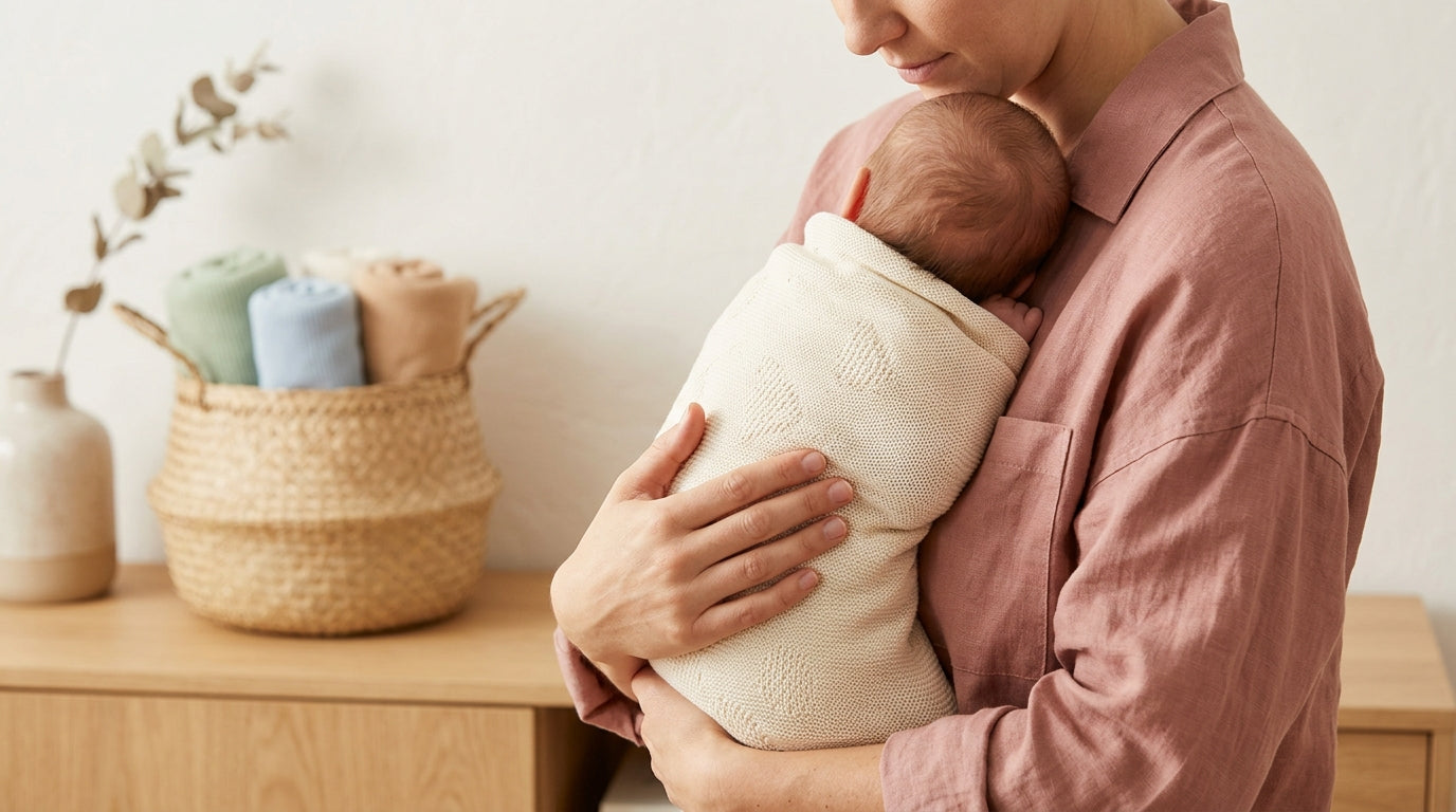 Stressed dad holding a crying baby while looking at a laptop screen