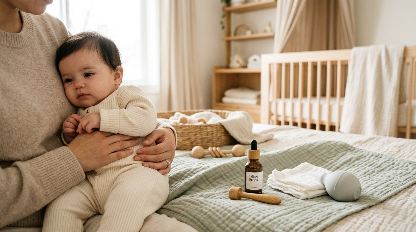 Tired mom holding a congested baby with a runny nose in a rocking chair