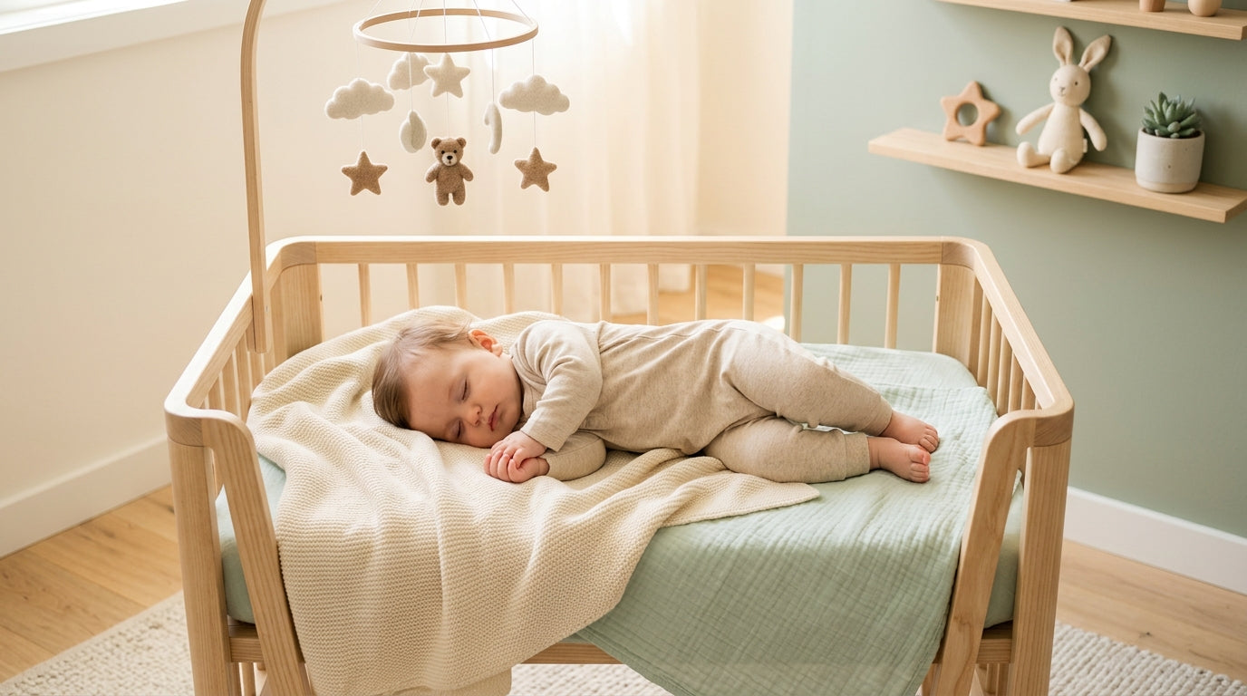 An exhausted dad sitting in a dark nursery while an 11-month-old baby stands in a crib.