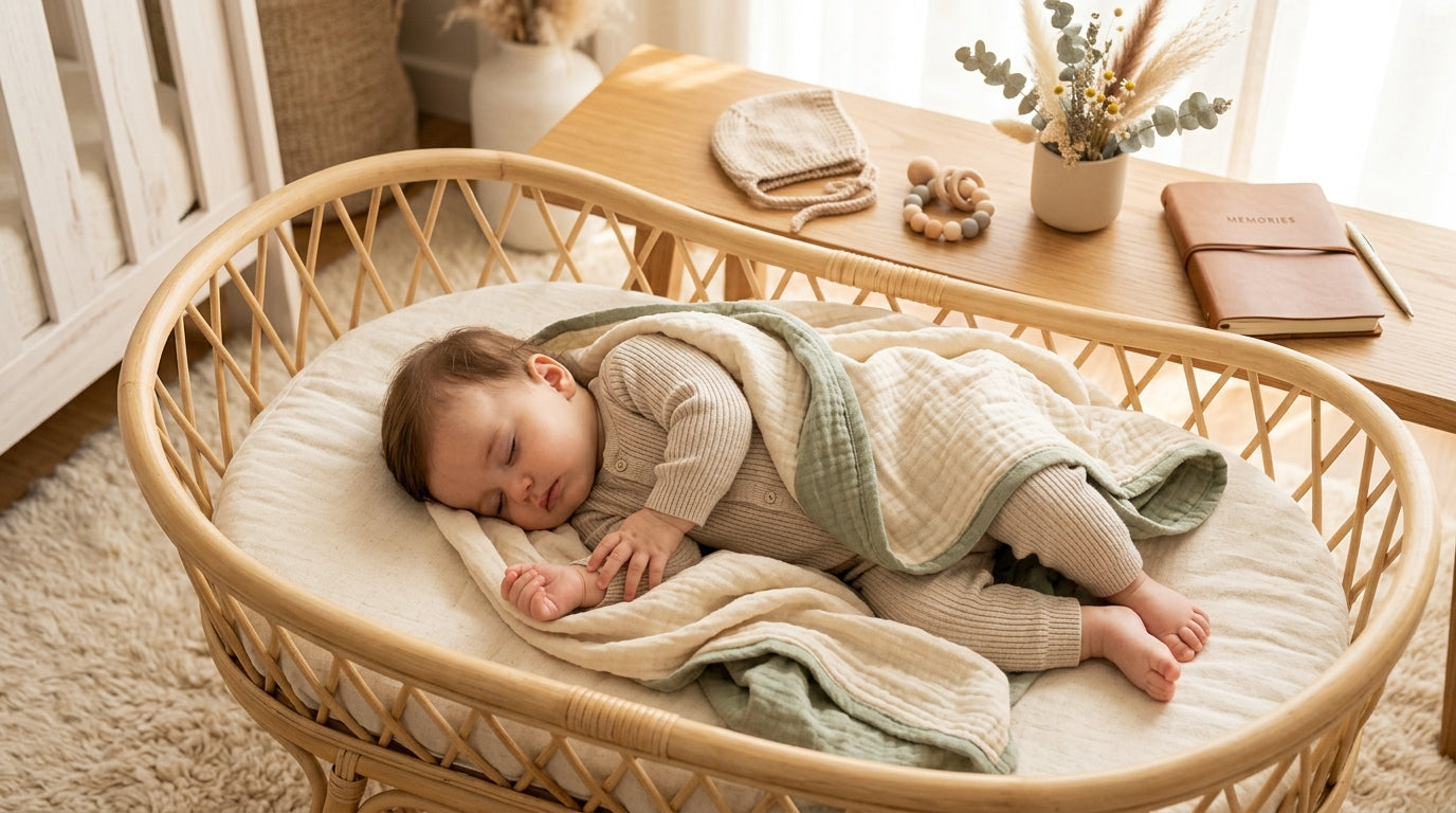 A tired mom holding her baby while drinking coffee in a messy living room