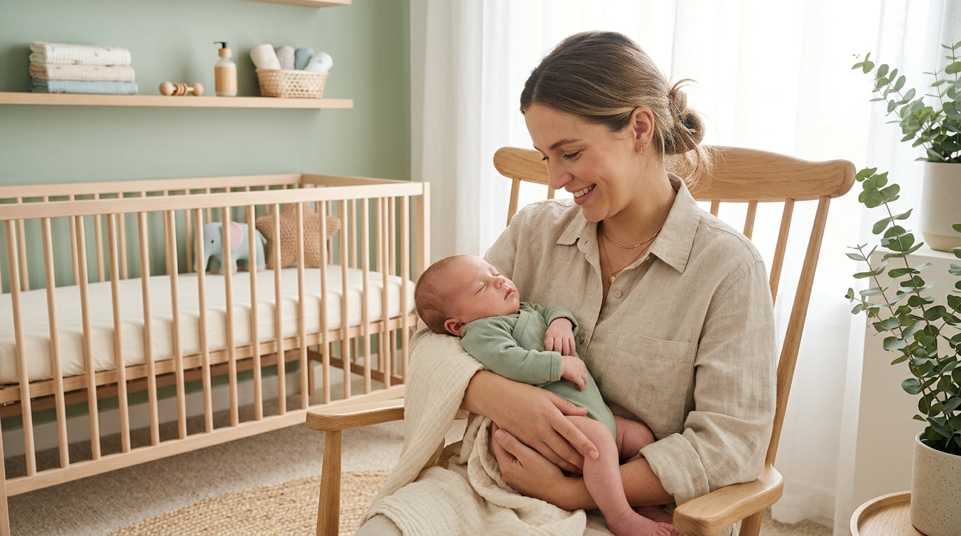 A tired mom holding a crying infant surrounded by scattered baby clothes and wooden toys on a living room floor.