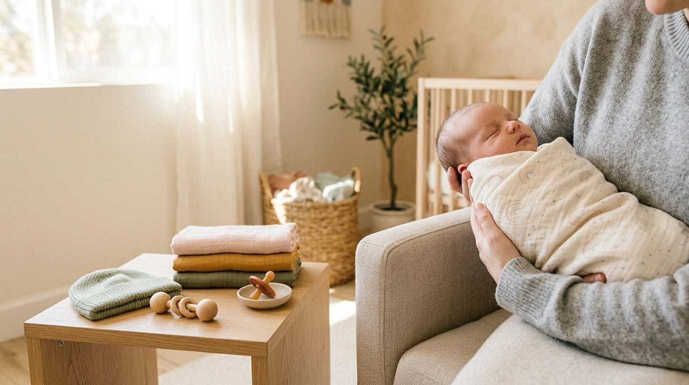 Tired mom holding a crying newborn in a dark nursery at 3 AM.