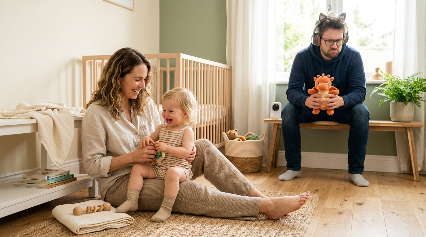 A tired dad sitting on the floor trying to figure out how to put together a wooden baby play gym
