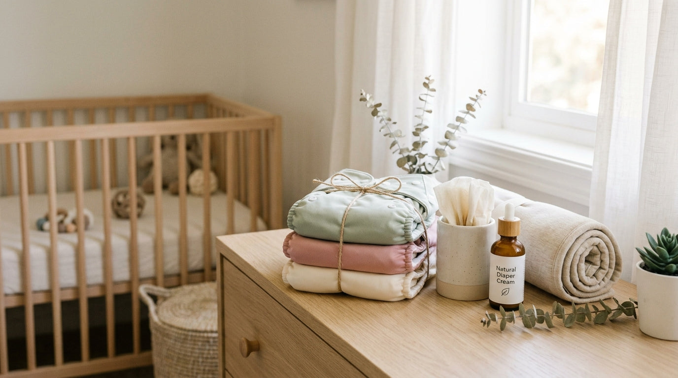 Mom looking stressed while holding a baby covered in a messy diaper blowout